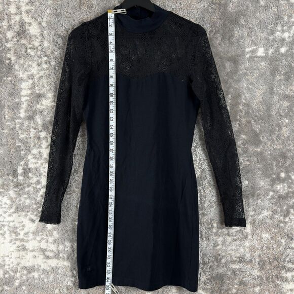 EDC Size S Mesh Keyhole Mock Neck Mini Sheath Dress Navy Long Sleeve Button - Picture 5 of 12